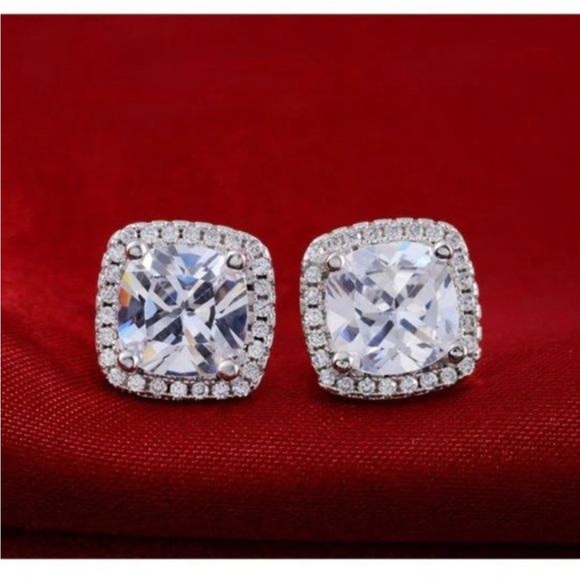 NEW Silver Cushion Diamond Halo Stud Earrings - Picture 5 of 7